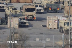 Xe quân sự Mỹ tại căn cứ ở Dongducheon, Hàn Quốc ngày 5/3/2026. (Ảnh: Yonhap/TTXVN)