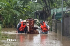 Di dời tài sản của người dân đến nơi an toàn. (Ảnh: TTTXVN phát)