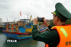 Bộ đội biên phòng tỉnh Gia Lai thường xuyên kiểm tra, ghi lại hình ảnh vị trí neo đậu của tàu cá "3 không." (Ảnh: Đình Quân/TTXVN)