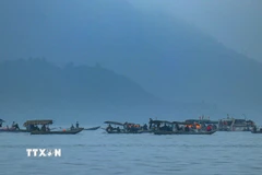 Lực lượng chức năng tìm kiếm các nạn nhân mất tích trong vụ lật tàu trên hồ Thác Bà. (Ảnh: Đinh Thùy/TTXVN)