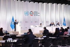 Thủ tướng Phạm Minh Chính phát biểu tại Phiên toàn thể Hội nghị Đại dương Liên Hợp Quốc lần thứ 3. (Ảnh: Dương Giang/TTXVN)