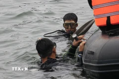 Cán bộ, chiến sỹ Lữ đoàn Đặc công Hải quân 126 nỗ lực tìm kiếm thi thể nạn nhân. (Ảnh: Đinh Thùy/TTXVN)