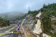 Mưa bão làm taluy dương đèo An Khê sạt lở, gây nguy hiểm cho người tham gia giao thông. (Ảnh: Sỹ Thắng/TTXVN)