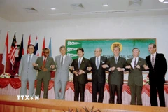 Bộ trưởng Ngoại giao các nước ASEAN chào mừng Việt Nam trở thành thành viên chính thức. (Ảnh: Trần Sơn/TTXVN)