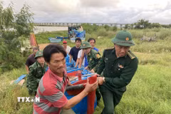 Lực lượng Đồn Biên phòng Tuy Hòa hỗ trợ người dân đưa tàu thuyền đến nơi an toàn. (Ảnh: Tường Quân/TTXVN)