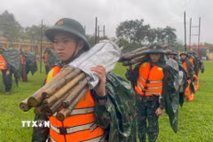 Lực lượng Trung đoàn 6, Bộ Chỉ huy Quân sự thành phố Huế sẵn sàng ứng phó bão số 13. (Ảnh: Mai Trang/TTXVN)