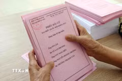 Phiếu bầu cử đã được tổ bầu cử phường Ngọc Hà chuẩn bị sẵn sàng cho Ngày hội lớn của đất nước. (Ảnh: Phạm Kiên/TTXVN)