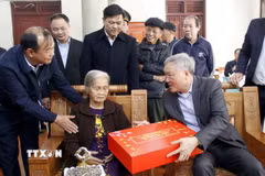 Phó Thủ tướng Thường trực Chính phủ Nguyễn Hòa Bình tặng quà Tết cho bà Nguyễn Thị Quyết, vợ liệt sỹ, ở tổ dân phố Đống 1, thị trấn Kép, huyện Lạng Giang. (Ảnh: Đồng Thúy/TTXVN)