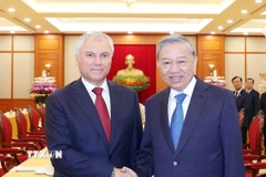 Tổng Bí thư Tô Lâm tiếp Chủ tịch Duma Quốc gia Nga Vyacheslav Volodin. (Ảnh: Thống Nhất/TTXVN)