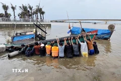 Lực lượng Bộ đội Biên phòng Quảng Trị phối hợp với lực lượng liên quan tiến hành trục vớt tàu, thuyền của ngư dân bị ảnh hưởng sau bão. (Ảnh: TTXVN phát)