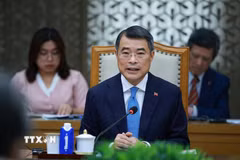 Thủ tướng Lê Minh Hưng phát biểu tại cuộc tiếp ông Maeda Tadashi, Chủ tịch Ngân hàng hợp tác quốc tế Nhật Bản (JBIC). (Ảnh: Dương Giang/TTXVN)
