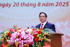Thủ tướng Phạm Minh Chính đọc Diễn văn kỷ niệm 80 năm thành lập Chính phủ. (Ảnh: Dương Giang/TTXVN)