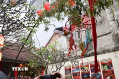 Lễ dựng cây nêu thu hút đông đảo du khách và giới trẻ tham dự, lưu giữ hình ảnh đậm nét văn hóa Việt Nam trong mỗi mùa Tết đến Xuân về. (Ảnh: Thanh Tùng/TTXVN)