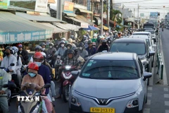 Phương tiện xếp hàng chờ qua phà Cát Lái, nối Đồng Nai và Thành phố Hồ Chí Minh. (Ảnh: TTXVN phát)