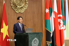 Chủ tịch nước Lương Cường phát biểu chính sách tại Trụ sở Liên đoàn Arab ở thủ đô Cairo, Ai Cập. (Ảnh: Lâm Khánh/TTXVN)