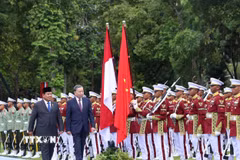 Tổng Bí thư Tô Lâm và Tổng thống Cộng hòa Indonesia, Chủ tịch Đảng Phong trào Indonesia vĩ đại (Gerindra) Prabowo Subianto duyệt đội danh dự. (Ảnh: Thống Nhất/TTXVN)