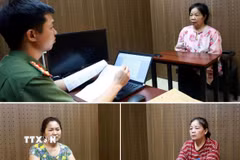 Các đối tượng Phạm Tuyết Lê (trên), Vũ Thị Chuyền (trái) và Kiều Thị Thúy Hường (phải) tại Cơ quan Công an. (Ảnh: TTXVN phát)