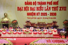 Đoàn Chủ tịch điều hành Đại hội. (Ảnh: Mai Trang/TTXVN)