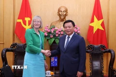 Giám đốc Học viện Chính trị quốc gia Hồ Chí Minh Nguyễn Xuân Thắng tiếp Đại sứ Australia tại Việt Nam Gillian Bird. (Ảnh: Văn Điệp/TTXVN)