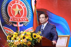Thủ tướng Phạm Minh Chính phát biểu tại Lễ kỷ niệm 80 năm Ngày truyền thống ngành Tư pháp. (Ảnh: Dương Giang/TTXVN)
