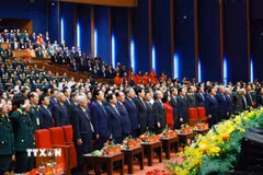 Tổng Bí thư Tô Lâm, Chủ tịch nước Lương Cường và Thủ tướng Phạm Minh Chính cùng các đại biểu tham dự Đại hội Thi đua yêu nước lần thứ XI. (Ảnh: Dương Giang/TTXVN)