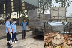 Cơ quan chức năng kiểm tra số hàng hóa là thực phẩm không rõ nguồn gốc. (Ảnh: TTXVN phát)