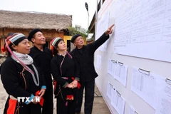 Cử tri xem danh sách đại biểu ứng cử được niêm yết công khai tại nhà văn hóa thôn Nặm Đăm, xã Quản Bạ. (Ảnh: Minh Đức/TTXVN)