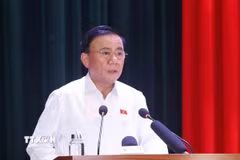 Đồng chí Trần Cẩm Tú, Ủy viên Bộ Chính trị, Thường trực Ban Bí thư phát biểu tại buổi tiếp xúc cử tri. (Ảnh: Phương Hoa/TTXVN)