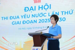 Bà Vũ Việt Trang, Bí thư Đảng ủy, Tổng giám đốc, Chủ tịch Hội đồng Thi đua-khen thưởng TTXVN phát biểu khai mạc Đại hội. (Ảnh: Lê Đông/TTXVN)