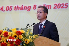 Ủy viên Trung ương Đảng, Bí thư Thành ủy, Trưởng Đoàn đại biểu Quốc hội thành phố Đà Nẵng Nguyễn Văn Quảng phát biểu tại Đại hội. (Ảnh: Quốc Dũng/TTXVN)