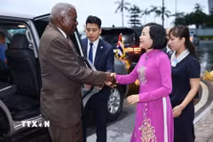 Phó Chủ tịch Quốc hội Nguyễn Thị Thanh đón Chủ tịch Quốc hội Cuba Esteban Lazo Hernández tại sân bay quốc tế Nội Bài. (Ảnh: Minh Đức/TTXVN)