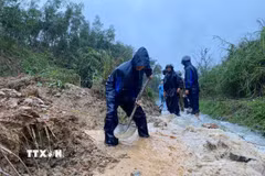 Các lực lượng đào, vét đất đá, mở rãnh thoát nước và thu dọn bùn đất tràn xuống mặt đường, tạo lối đi tạm để phương tiện qua lại. (Ảnh: TTXVN phát)