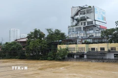 Nước sông Cầu dâng cao tại khu vực trung tâm thành phố Thái Nguyên. (Ảnh: Hoàng Nguyên/TTXVN)