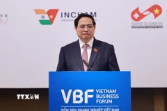 Thủ tướng Phạm Minh Chính phát biểu tại Diễn đàn doanh nghiệp Việt Nam thường niên với chủ đề “Doanh nghiệp đồng hành với Chính phủ chuyển đổi xanh trong kỷ nguyên số.” (Ảnh: Dương Giang/TTXVN)