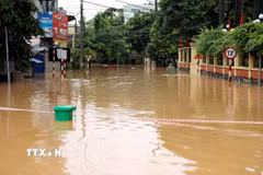 Mưa lớn gây ngập úng một số tuyến phố ở phường Minh Xuân. (Ảnh: Quang Cường/TTXVN)