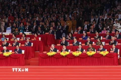 Các đồng chí lãnh đạo, nguyên lãnh đạo Đảng, Nhà nước và khách quốc tế tham dự lễ kỷ niệm. (Ảnh: TTXVN)