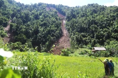 Cung sạt lở khổng lồ hình vòm xuất hiện trên núi có nguy cơ xảy ra sạt lở, đổ sập đất đá, cây rừng xuống suối Nậm Ngân rất cao. (Ảnh: Xuân Tiến/TTXVN)