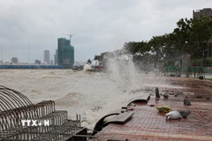 Nước sông Hàn dâng cao và sóng lớn cao hơn 3m liên tục đánh mạnh vào bờ kè. (Ảnh: Anh Dũng/TTXVN)