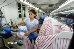 Dây chuyền sản xuất hàng may mặc xuất khẩu tại Công ty TNHH Van Laack ASIA, vốn đầu tư của CHLB Đức tại Cụm công nghiệp Ngọc Hồi (Hà Nội). (Ảnh: Danh Lam/TTXVN)
