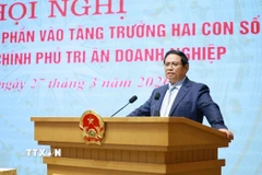 Thủ tướng Phạm Minh Chính phát biểu tại Hội nghị Doanh nghiệp góp phần vào tăng trưởng hai con số và tri ân doanh nghiệp. (Ảnh: Dương Giang/TTXVN)