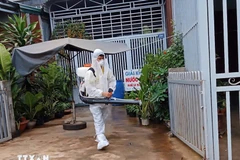 Lực lượng y tế phun độc, khử trùng, dọn dẹp loăng quăng. (Ảnh: TTXVN)