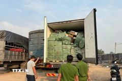 Lực lượng chức năng kiểm tra phát hiện 2 xe tải đông lạnh chứa hàng hóa không hóa đơn chứng từ chứng minh nguồn gốc xuất xứ. (Ảnh: TTXVN phát)