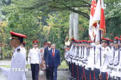Tổng Bí thư, Chủ tịch nước Tô Lâm và Tổng thống Singapore Tharman Shanmugaratnam duyệt Đội danh dự. (Ảnh: Thống Nhất/TTXVN)