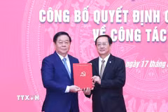 Ông Nguyễn Trọng Nghĩa, Ủy viên Bộ Chính trị, Bí thư Trung ương Đảng, Trưởng Ban Tuyên giáo và Dân vận Trung ương trao Quyết định của Bộ Chính trị cho đồng chí Huỳnh Thành Đạt. (Ảnh: Phương Hoa/TTXVN)