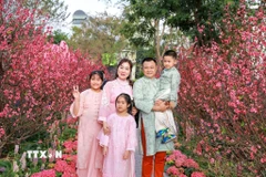 Người dân chụp ảnh lưu lại khoảnh khắc Xuân rực rỡ tại khu vực xung quanh Hồ Hoàn Kiếm. (Ảnh: Khánh Hòa/TTXVN)