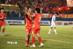 Chiến thắng trước Lào giúp Tuyển Việt Nam thăng tiến trên bảng xếp hạng FIFA. (Ảnh: Văn Hướng/TTXVN)