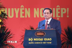 Thủ tướng Phạm Minh Chính phát biểu chỉ đạo tại Đại hội đại biểu Đảng bộ Bộ Ngoại giao lần thứ I, nhiệm kỳ 2025-2030. (Ảnh: Dương Giang/TTXVN)
