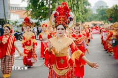 Các nghệ sỹ trong điệu múa truyền thống. (Ảnh: Đỗ Quyên/TTXVN)