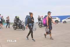 Du khách nước ngoài đến Bến phà Đồng Bài. (Ảnh: Minh Thu/TTXVN)