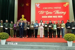 Phó Chủ tịch Quốc hội Nguyễn Thị Thanh trao quà Tết tại xã Yên Từ. (Ảnh: Đức Phương/TTXVN)